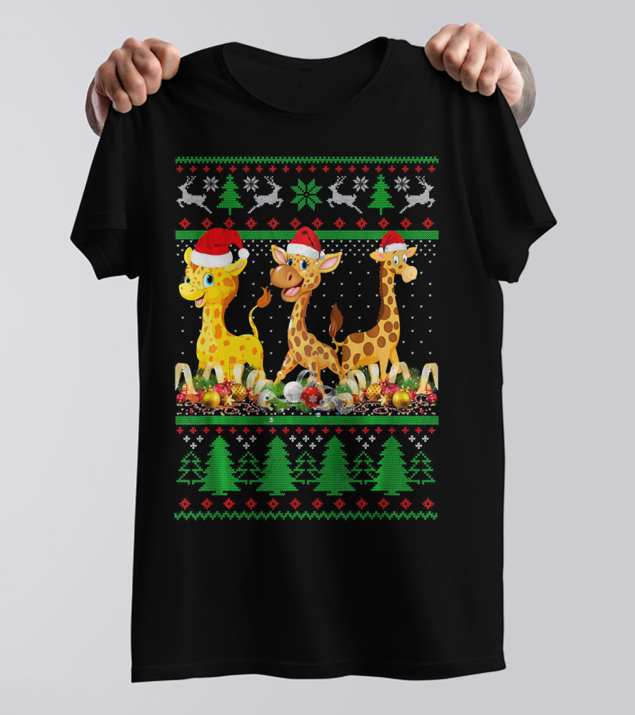 Ugly Christmas Giraffe Santa Hat Lights Festive Holiday Sweater Reindeer Trees T-Shirt