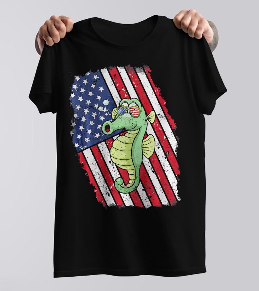 Seahorse Wearing Sunglasses With American Flag Background T-Shirt