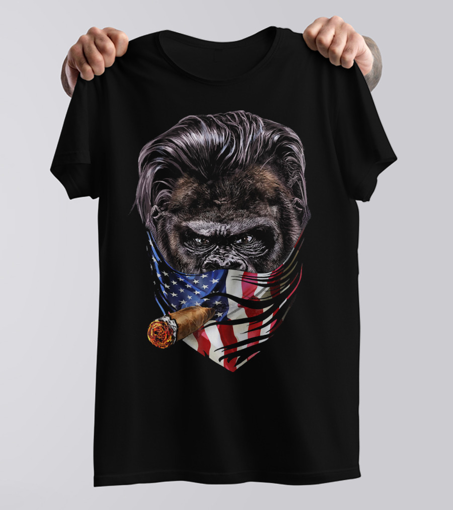Slick Hair Gorilla With Cigar And American Flag Bandana USA Ame T-Shirt