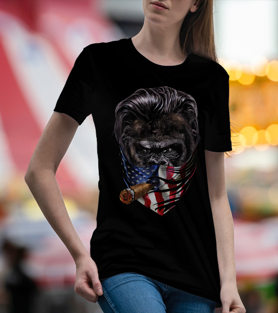Slick Hair Gorilla With Cigar And American Flag Bandana USA Ame T-Shirt