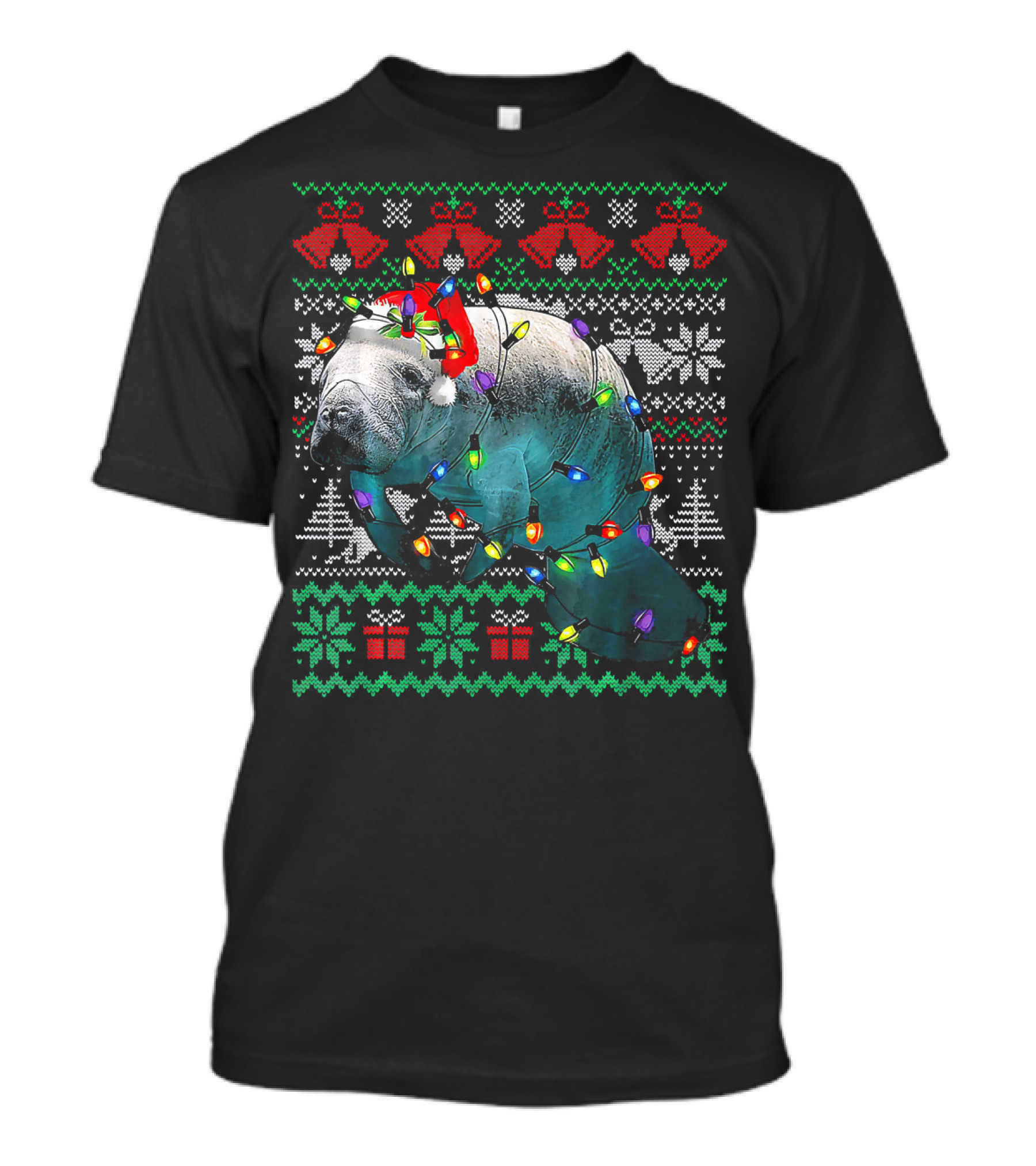Ugly Christmas Funny Manatee Wearin Santa Hat And Lights T-Shirt
