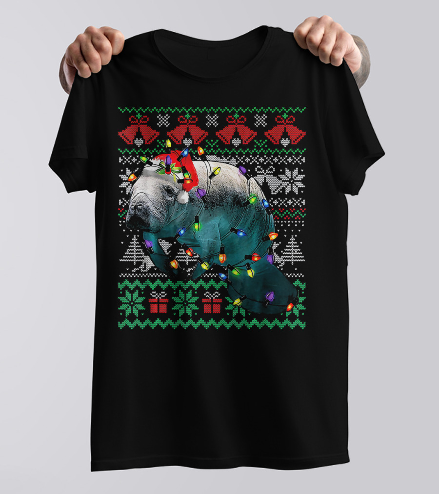 Ugly Christmas Funny Manatee Wearin Santa Hat And Lights T-Shirt