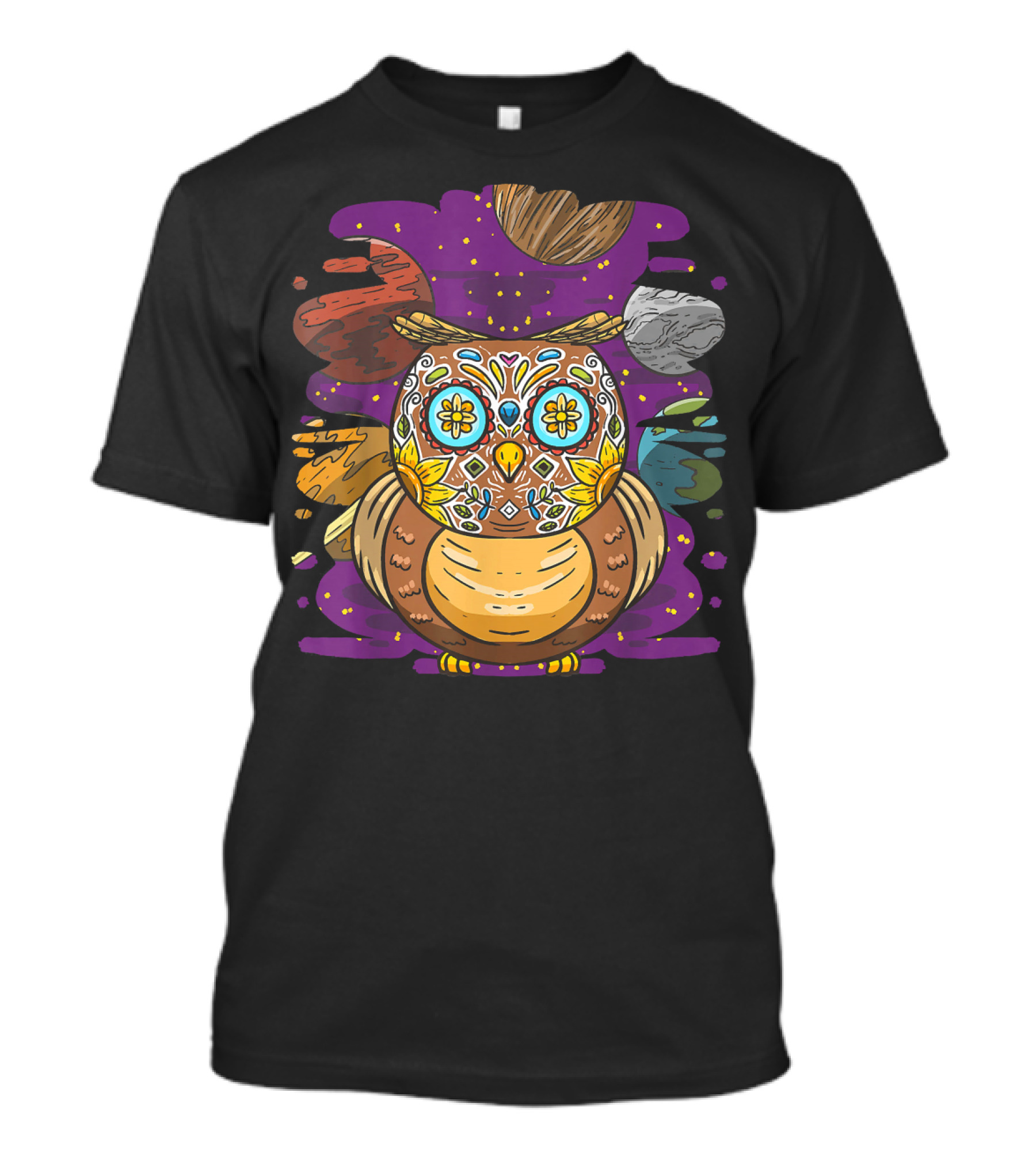 Sugar Skull Owl Retro Galactic Planets Day T-Shirt