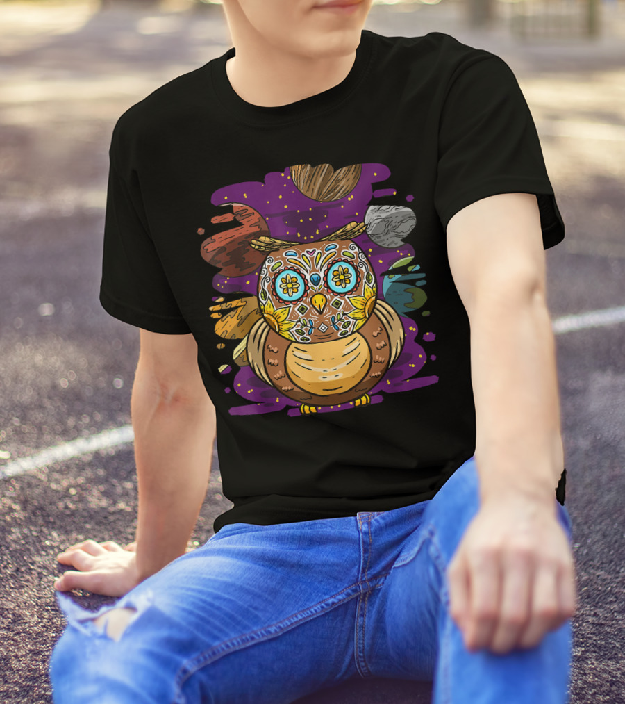 Sugar Skull Owl Retro Galactic Planets Day T-Shirt