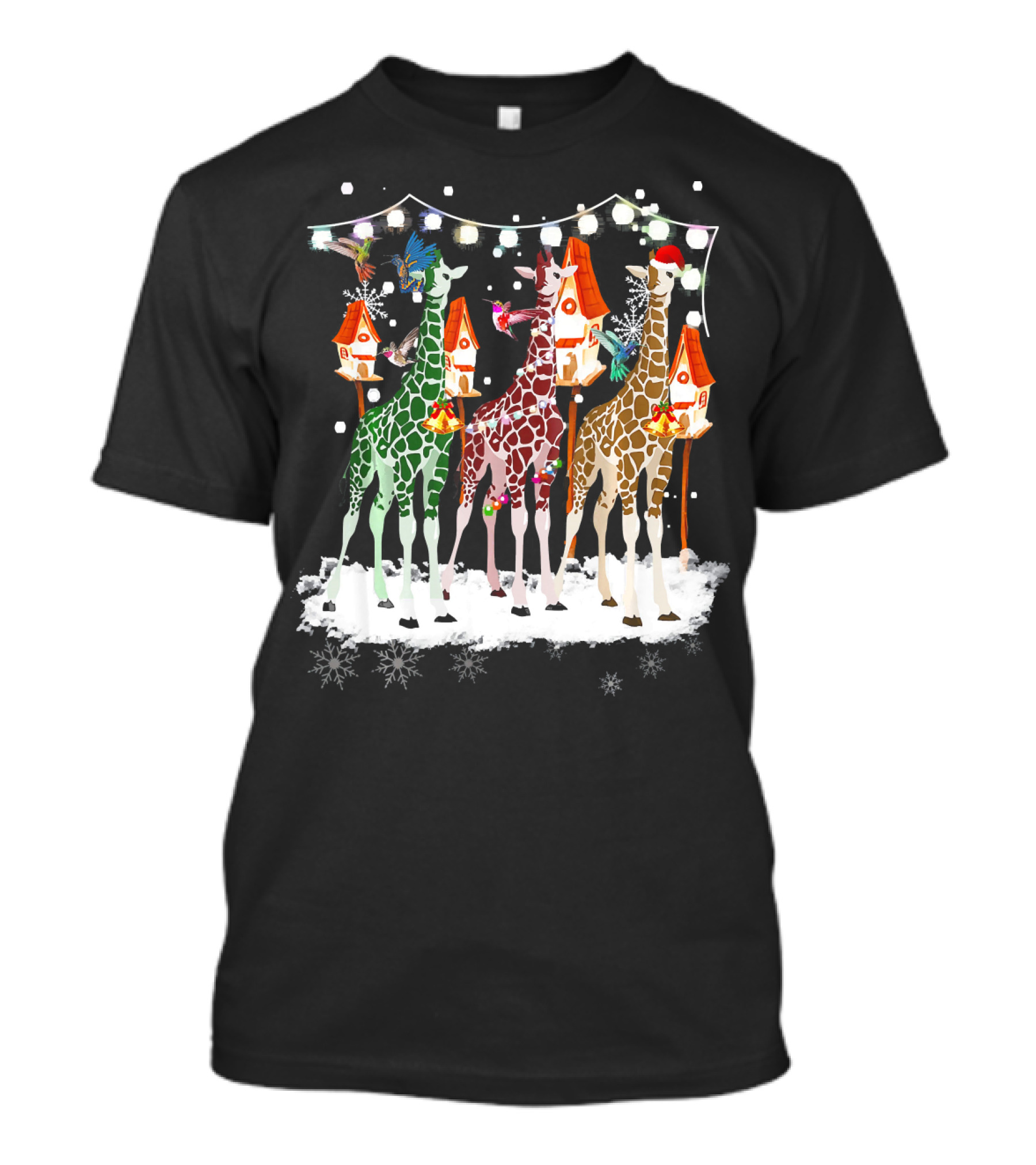 Xmas Giraffe Santa Giraffe Snow Lights Holiday Houses T-Shirt