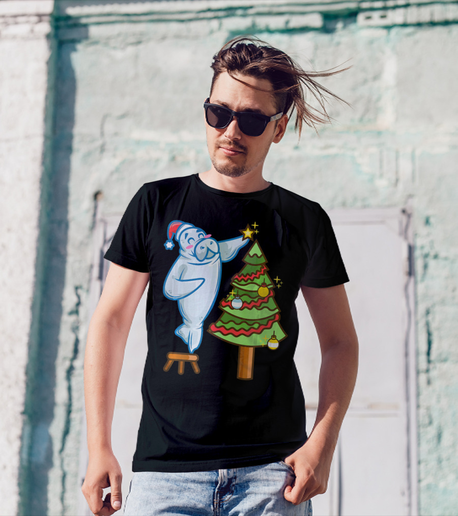 Santa Sea Cow Decorating Christmas Tree With Star Topper T-Shirt