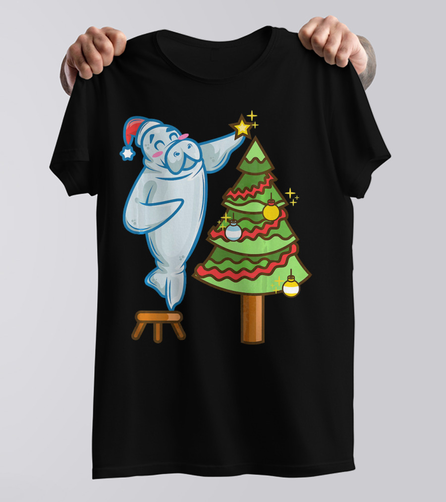 Santa Sea Cow Decorating Christmas Tree With Star Topper T-Shirt