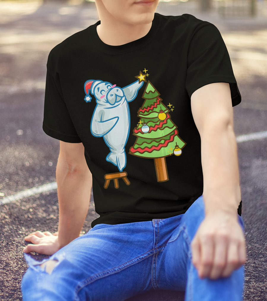Santa Sea Cow Decorating Christmas Tree With Star Topper T-Shirt