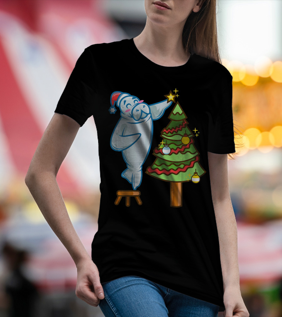 Santa Sea Cow Decorating Christmas Tree With Star Topper T-Shirt