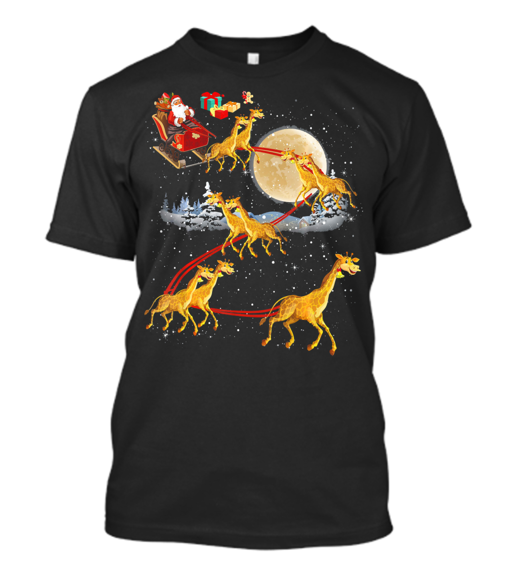 Santa Claus Sleigh Moonlight Giraffe Reindeer Christmas T-Shirt