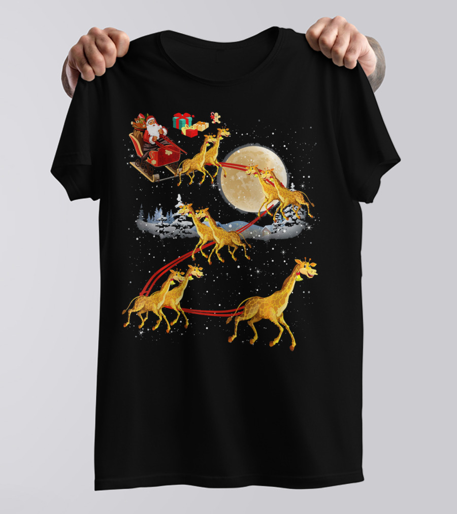 Santa Claus Sleigh Moonlight Giraffe Reindeer Christmas T-Shirt