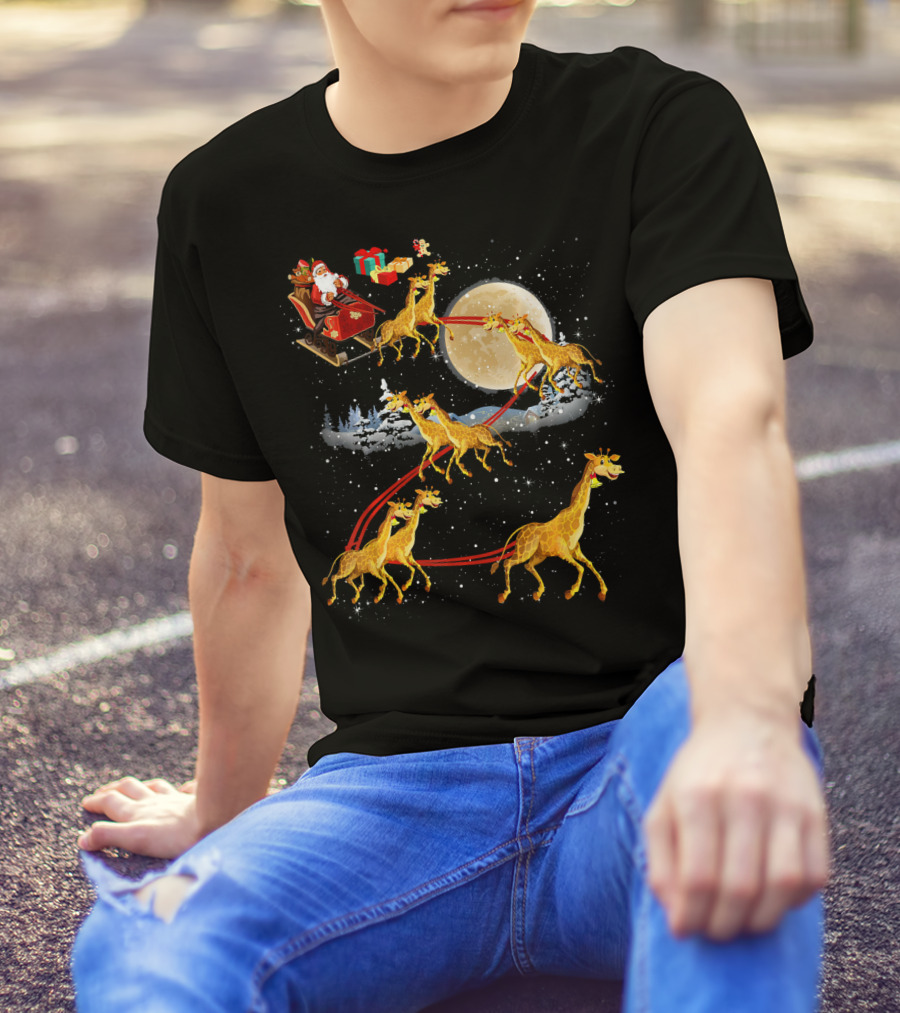 Santa Claus Sleigh Moonlight Giraffe Reindeer Christmas T-Shirt