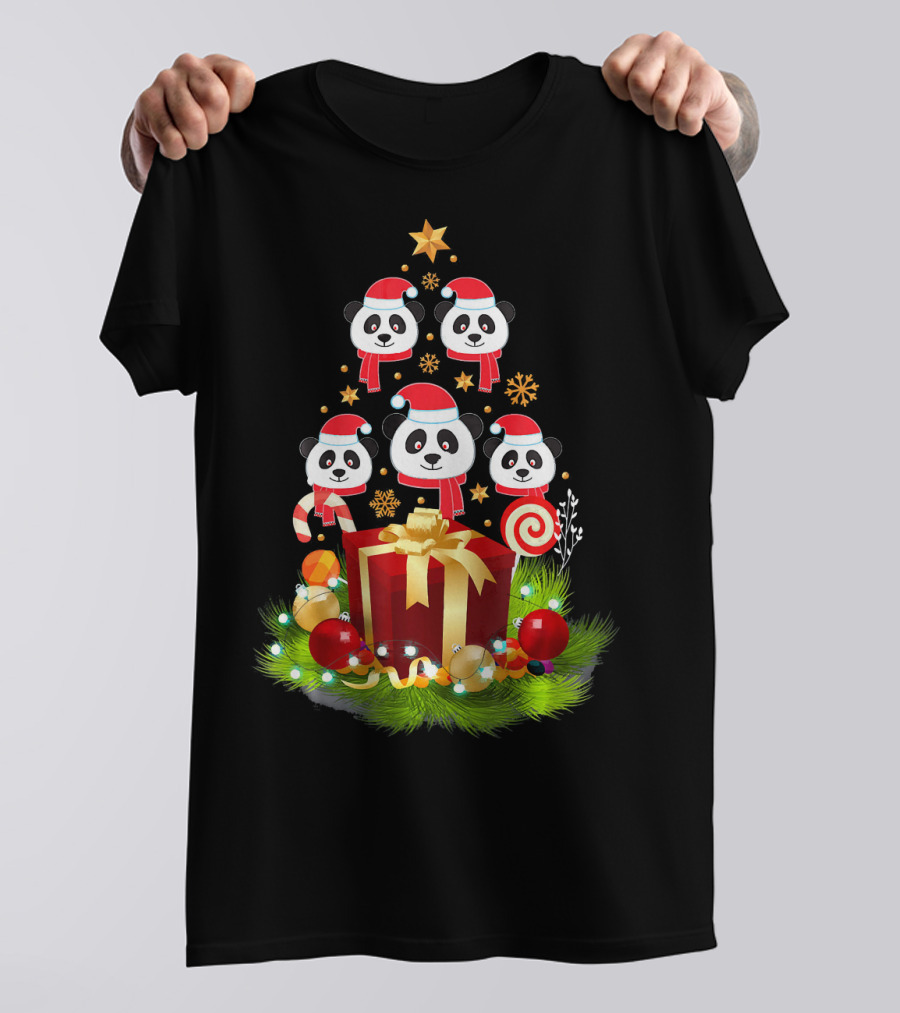 Santa Panda Christmas Tree Funny Xmas Decor With Presents And Candy Canes T-Shirt