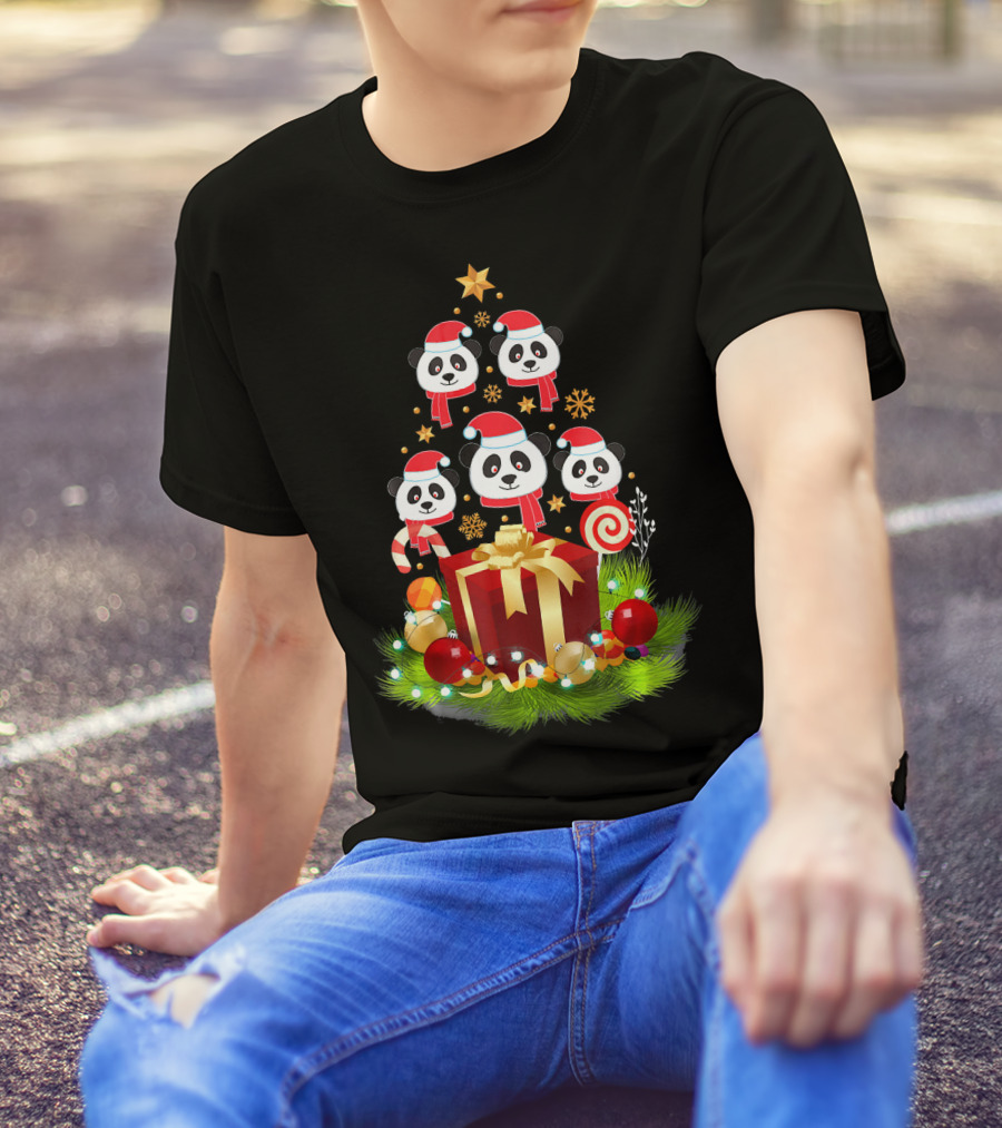 Santa Panda Christmas Tree Funny Xmas Decor With Presents And Candy Canes T-Shirt