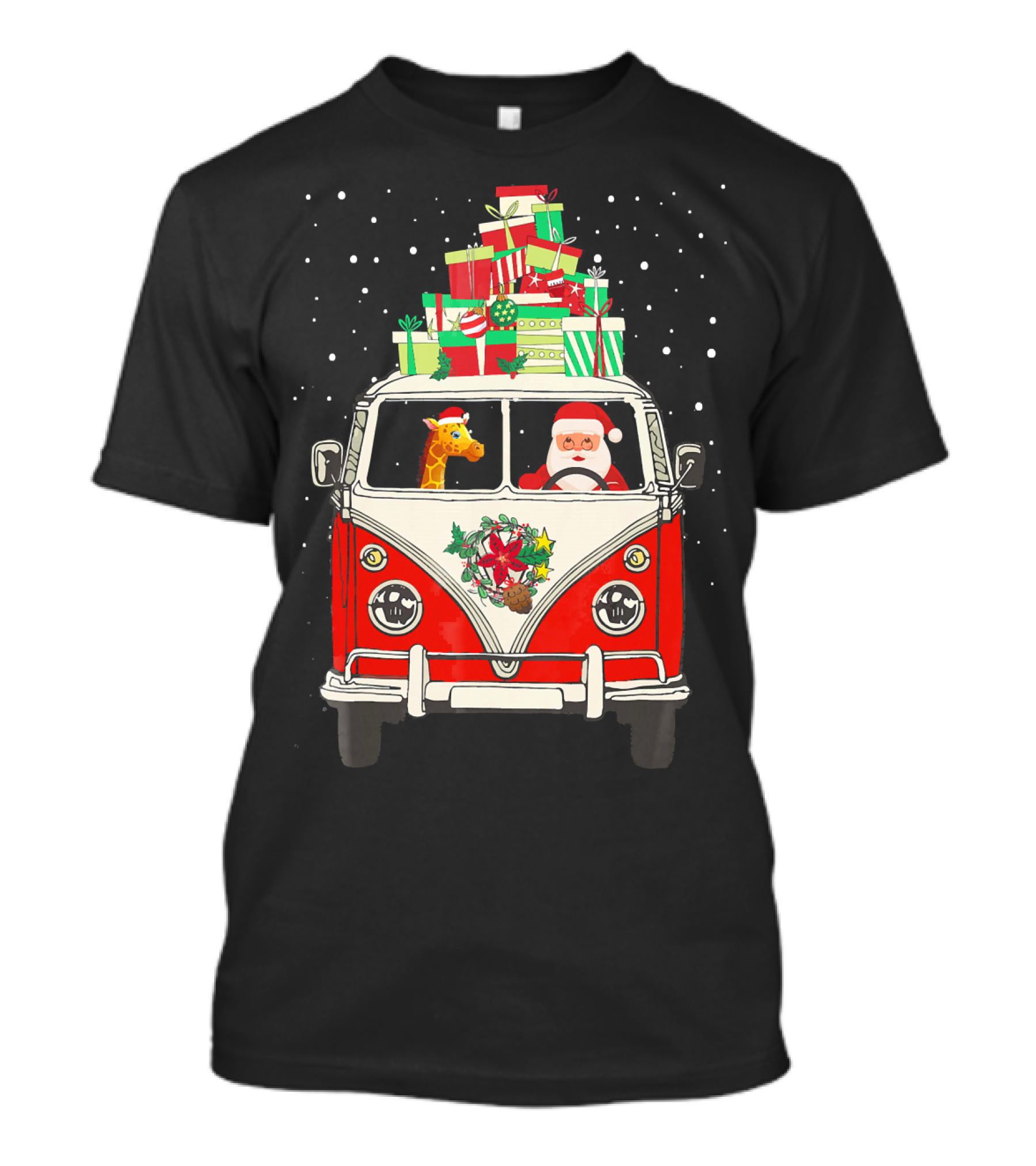 Santa Giraffe In Red Camper Van With Christmas Gifts Driving In Snow T-Shirt