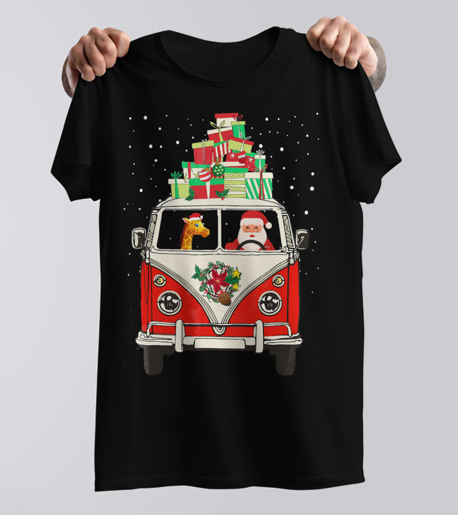 Santa Giraffe In Red Camper Van With Christmas Gifts Driving In Snow T-Shirt