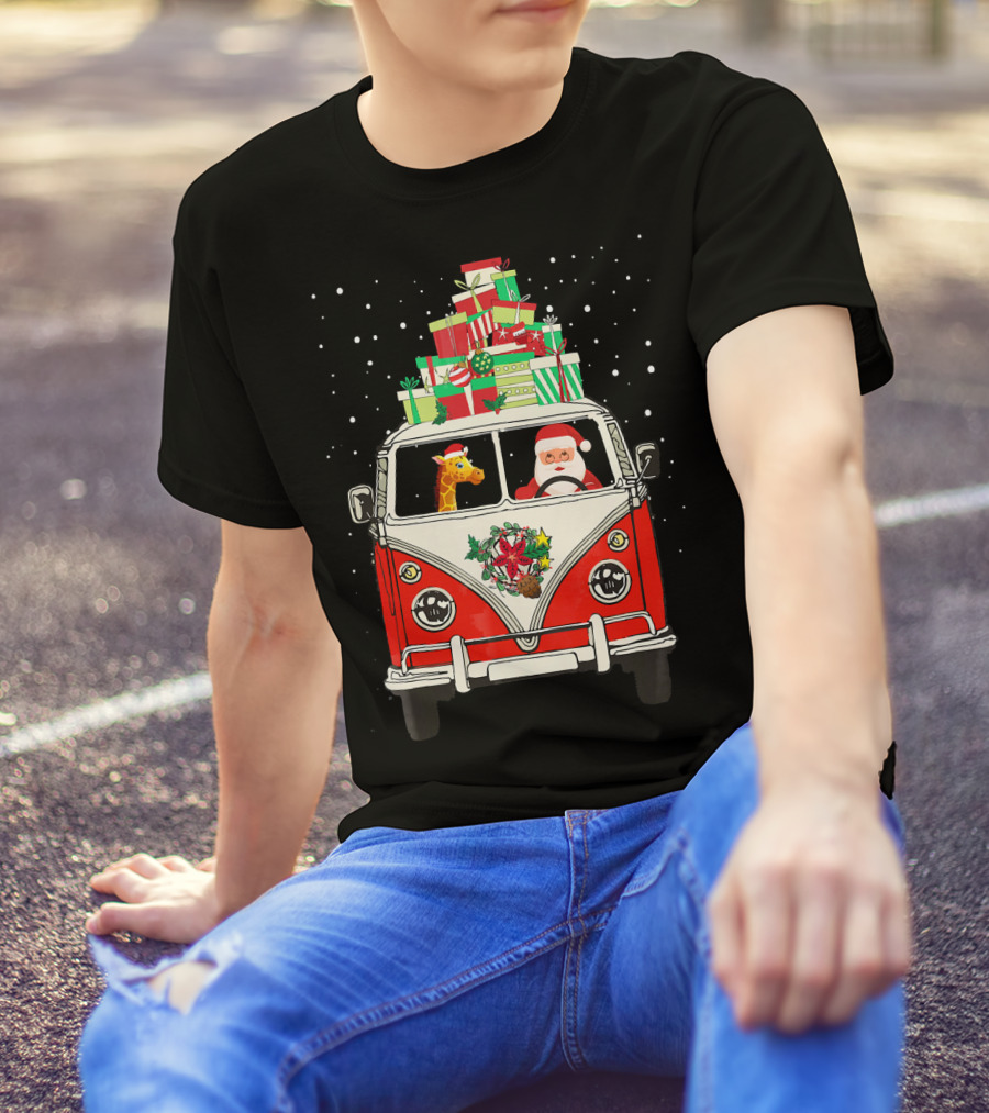 Santa Giraffe In Red Camper Van With Christmas Gifts Driving In Snow T-Shirt