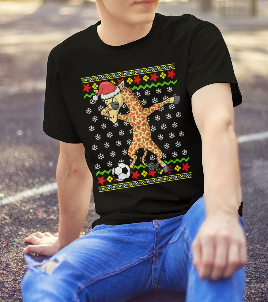 Christmas Soccer Dabbing Giraffe Ugly T-Shirt