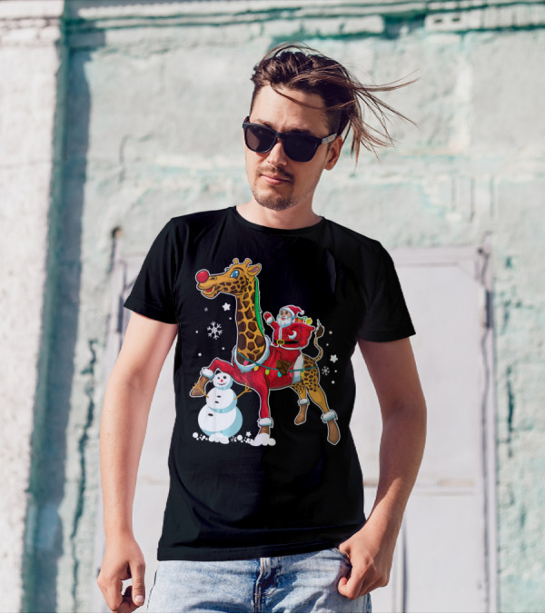 Santa Riding Giraffe With Snowman And Christmas Lights T-Shirt