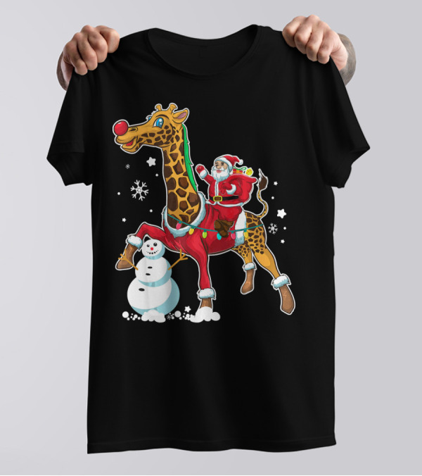 Santa Riding Giraffe With Snowman And Christmas Lights T-Shirt