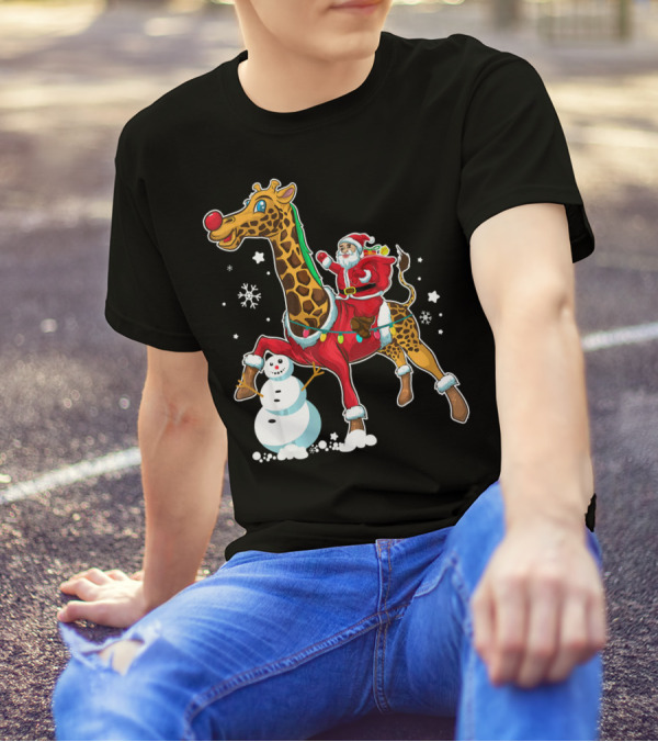 Santa Riding Giraffe With Snowman And Christmas Lights T-Shirt