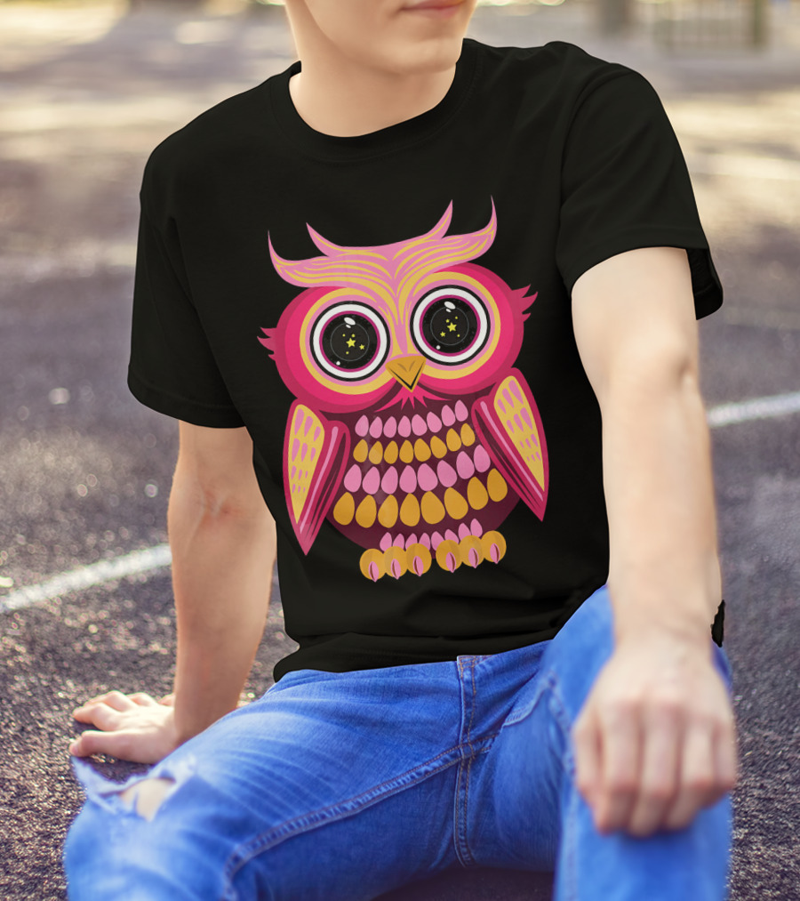 Star Eye Pink Orange Owl Colorful Retro Symmetrical T-Shirt