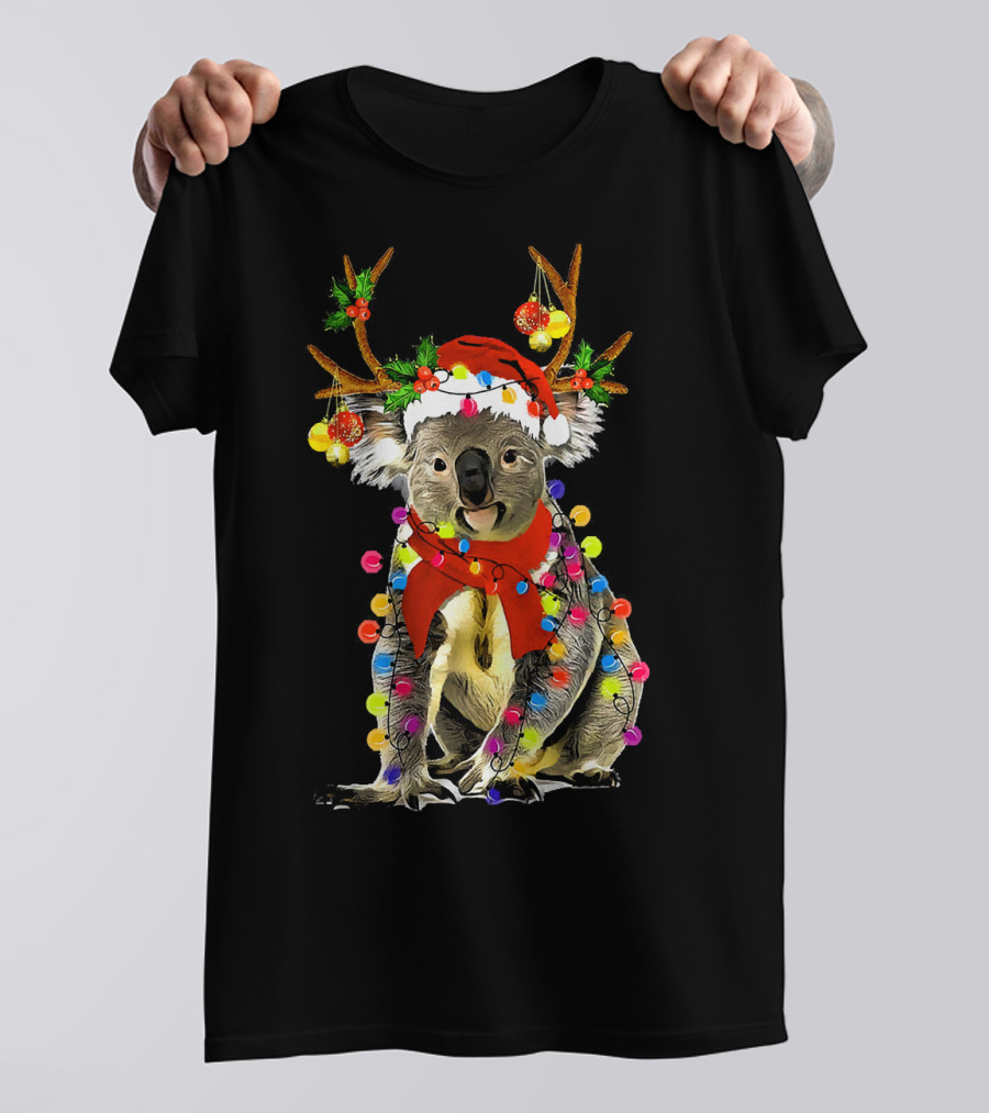 Santa Koala With Reindeer Antlers And Christmas Lights T-Shirt