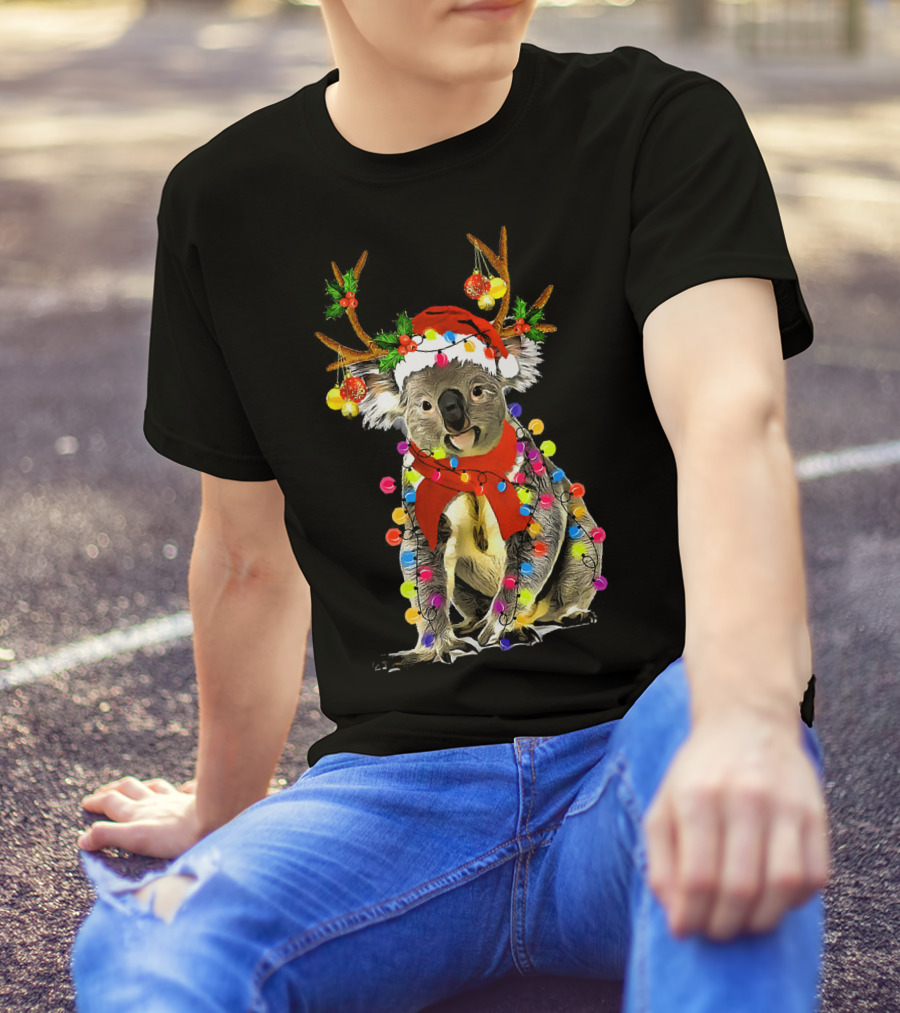 Santa Koala With Reindeer Antlers And Christmas Lights T-Shirt