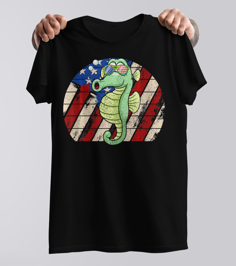 Seahorse Love Distressed American Flag Sunglasses U T-Shirt