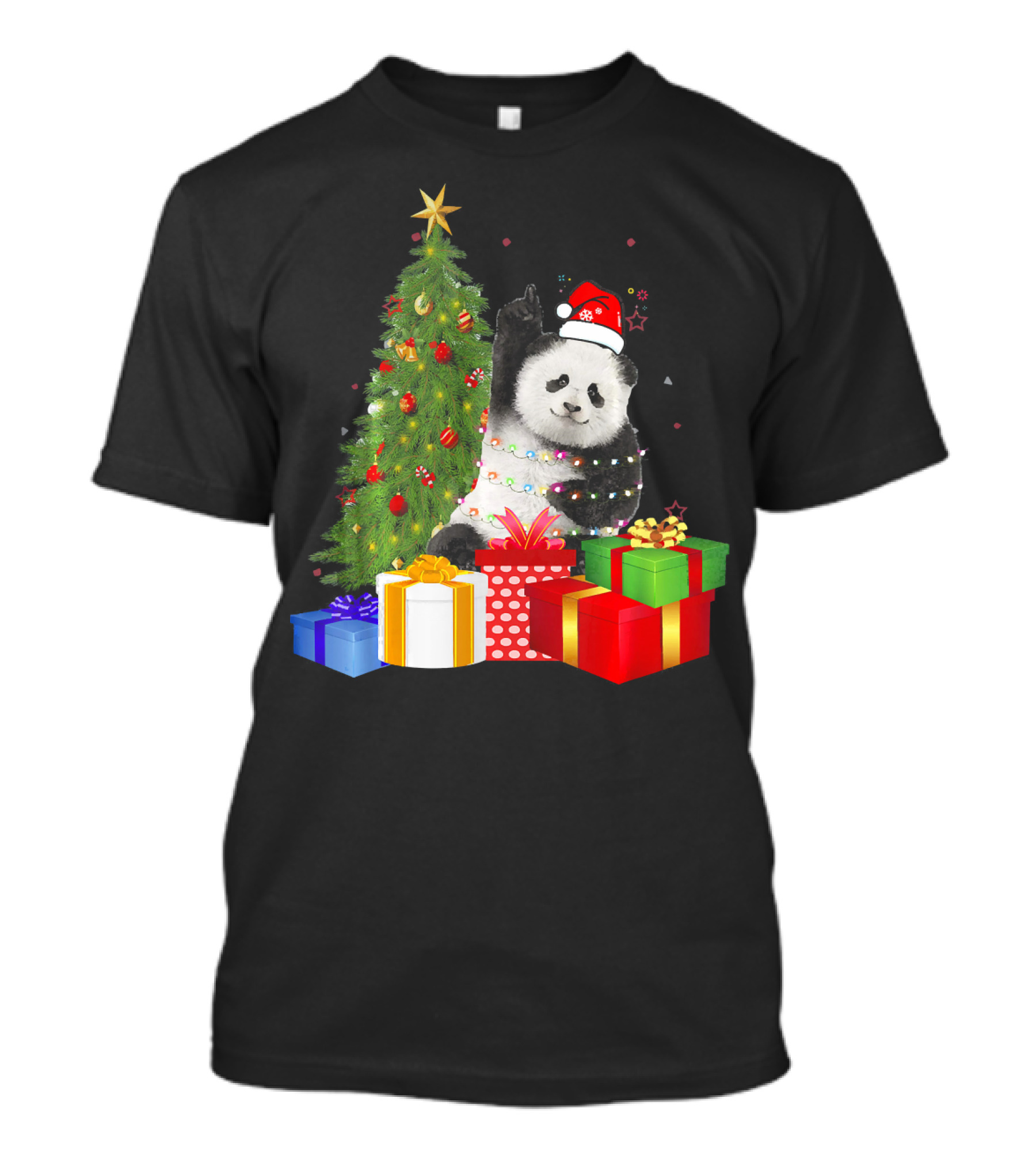 Santa Panda Christmas Celebration With Presents And Tree Lights T-Shirt