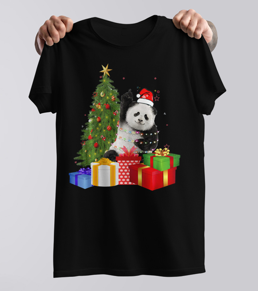 Santa Panda Christmas Celebration With Presents And Tree Lights T-Shirt