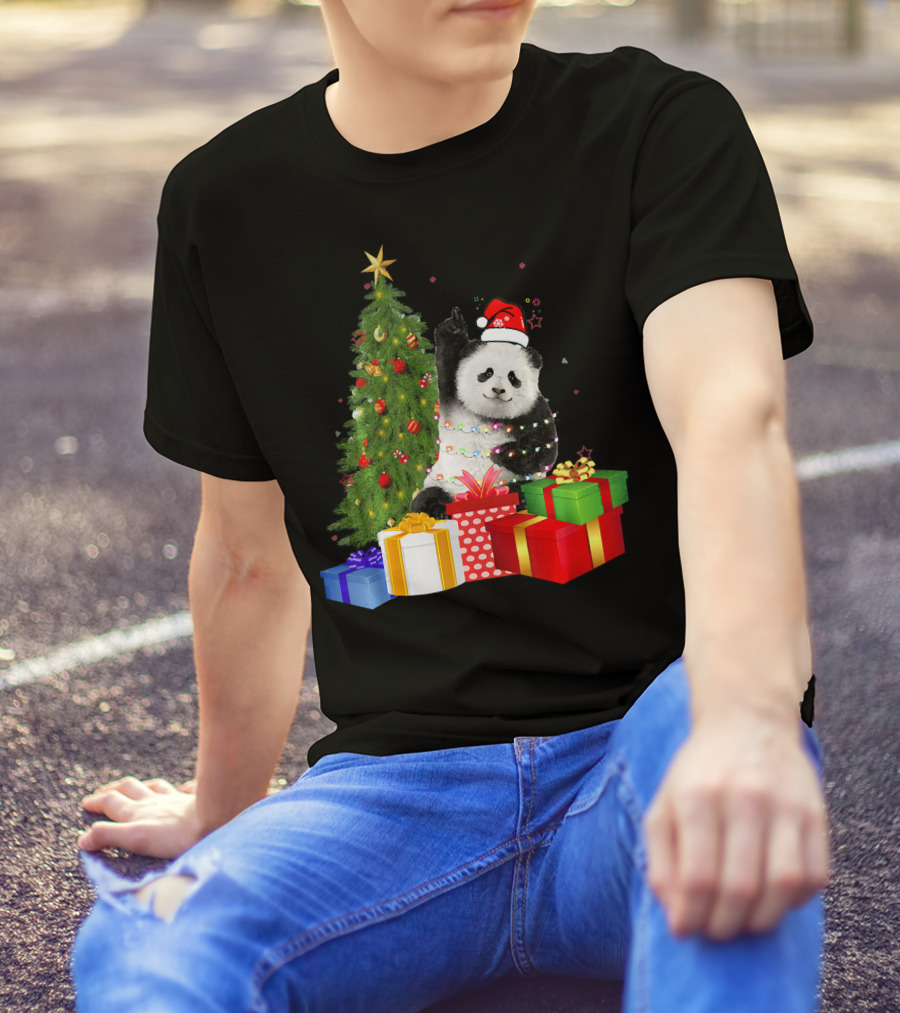 Santa Panda Christmas Celebration With Presents And Tree Lights T-Shirt