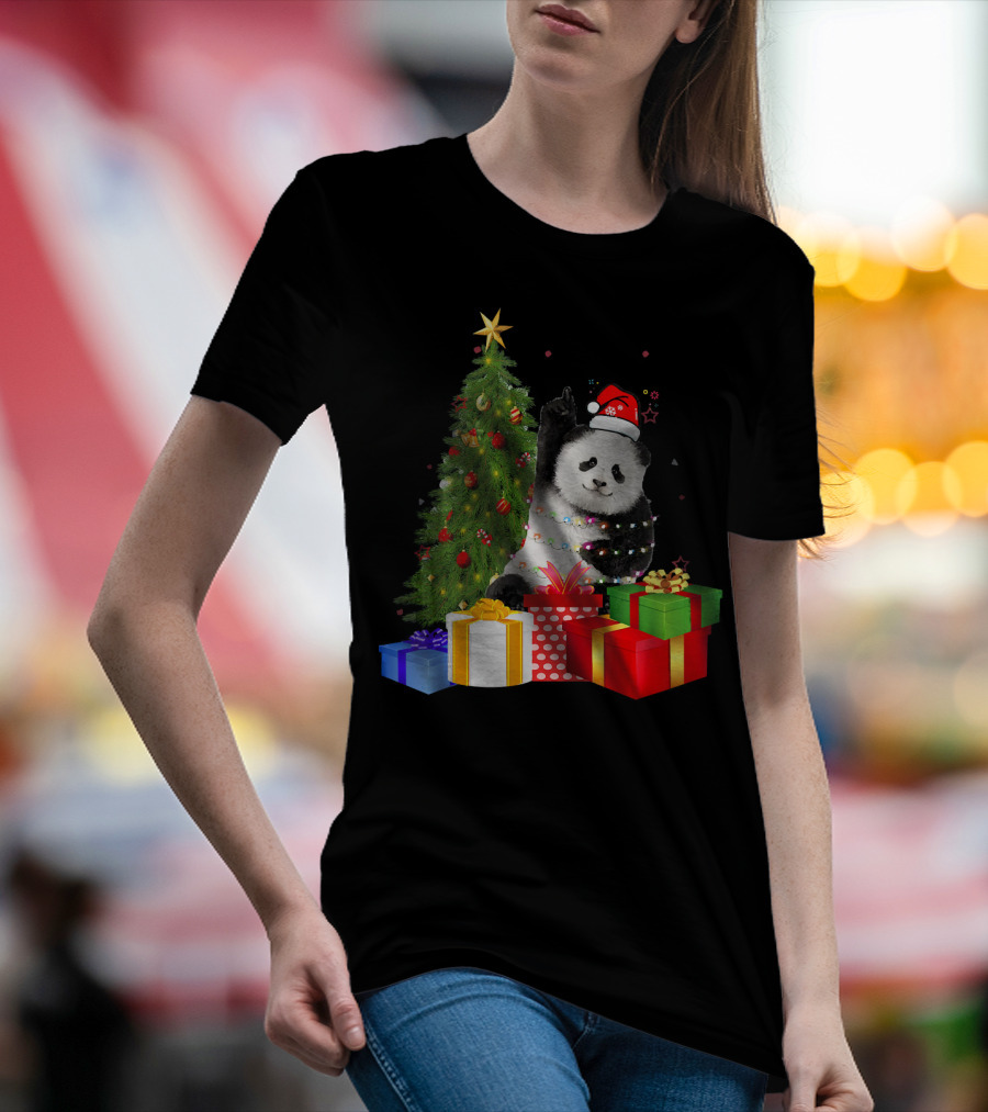 Santa Panda Christmas Celebration With Presents And Tree Lights T-Shirt