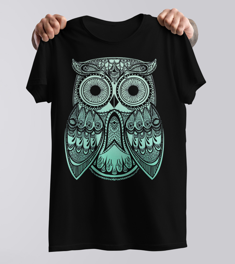 Teal Gradient Paisley Henna Owl Bohemian Mandala T-Shirt