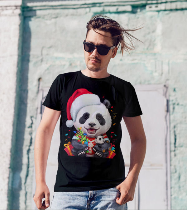 Smiling Giant Panda Bear With Christmas Lights And Santa Hat T-Shirt