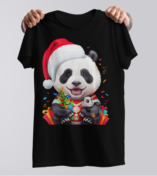 Smiling Giant Panda Bear With Christmas Lights And Santa Hat T-Shirt