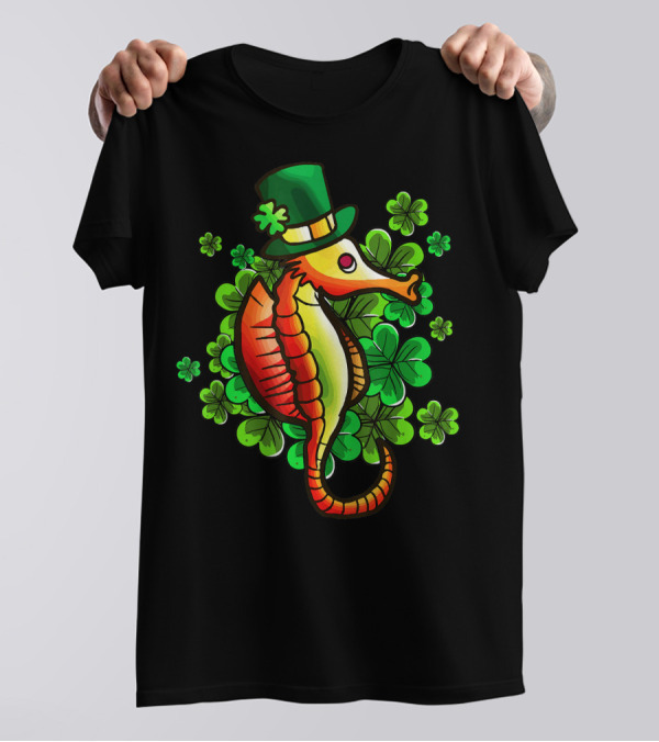 Seahorse Leprechaun Green Hat Clover Luck T-Shirt