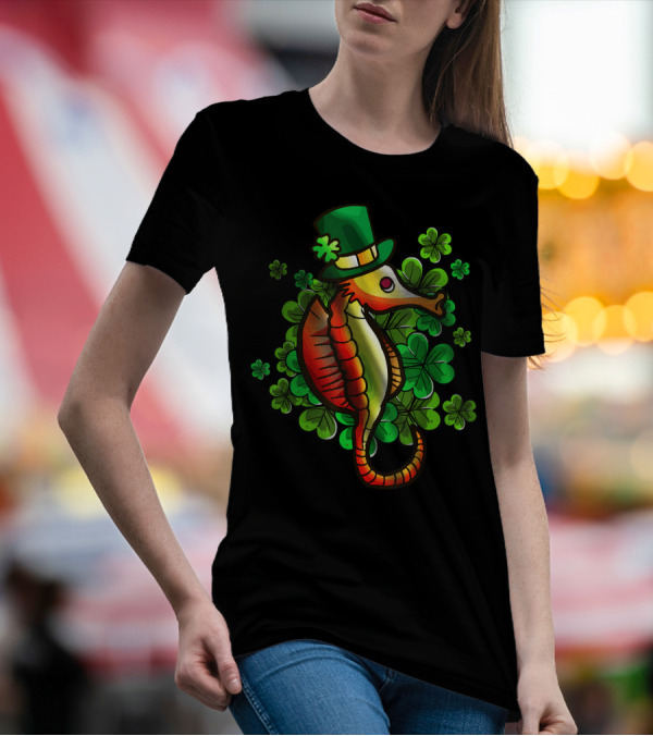 Seahorse Leprechaun Green Hat Clover Luck T-Shirt