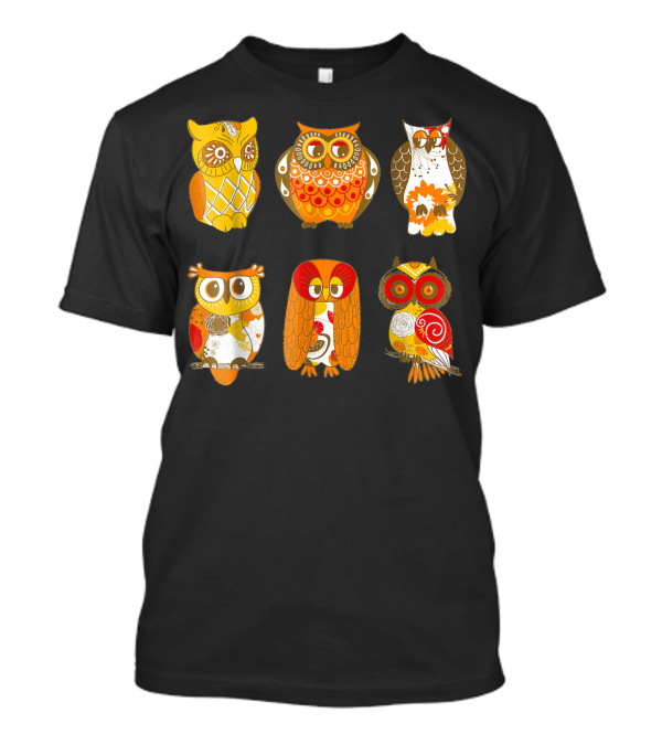 Retro Owls Yellow Orange Red Brown Colorful Vintage Aesthetic T-Shirt