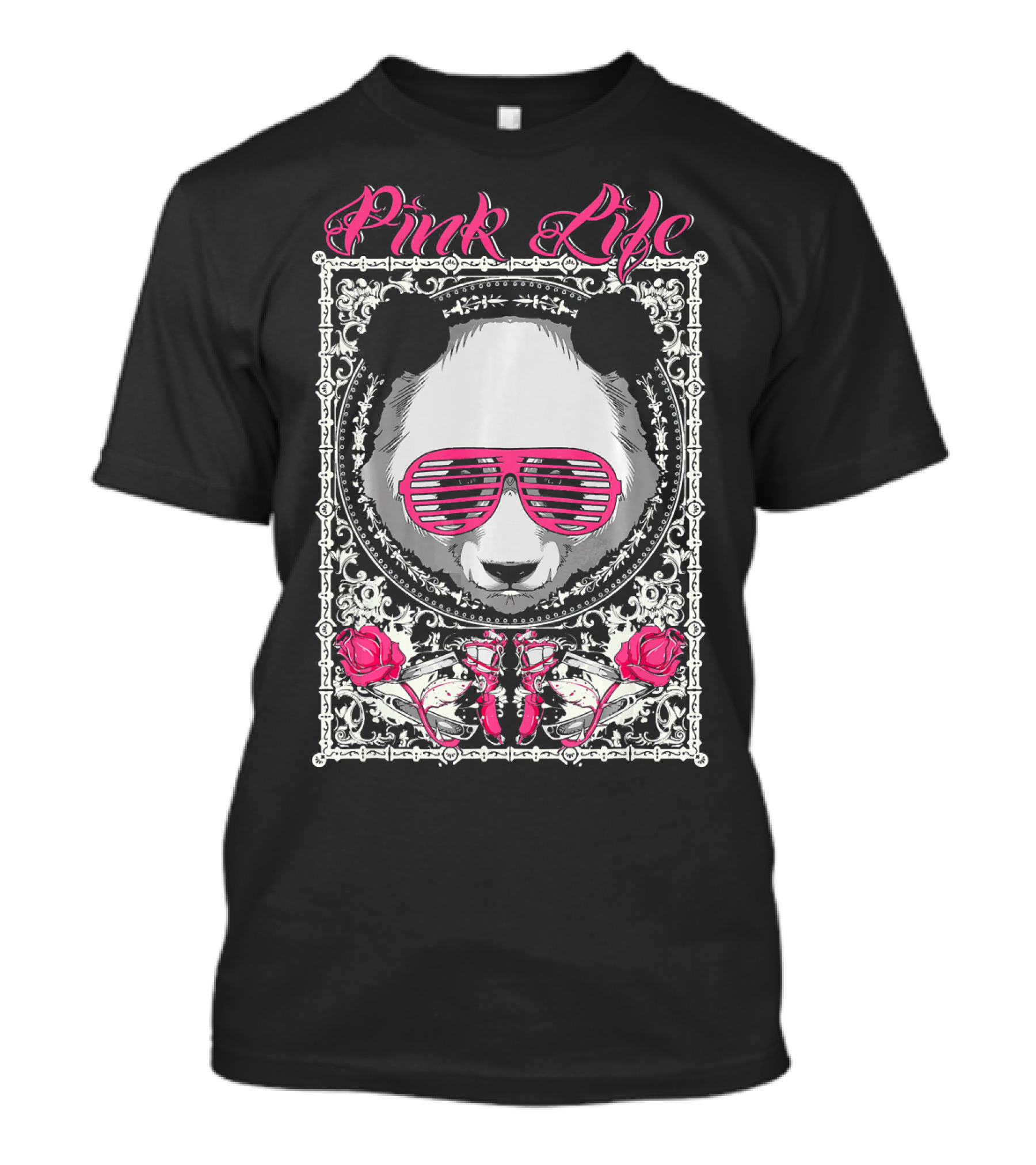 Pink Life Panda Sunglasses Roses Decor T-Shirt