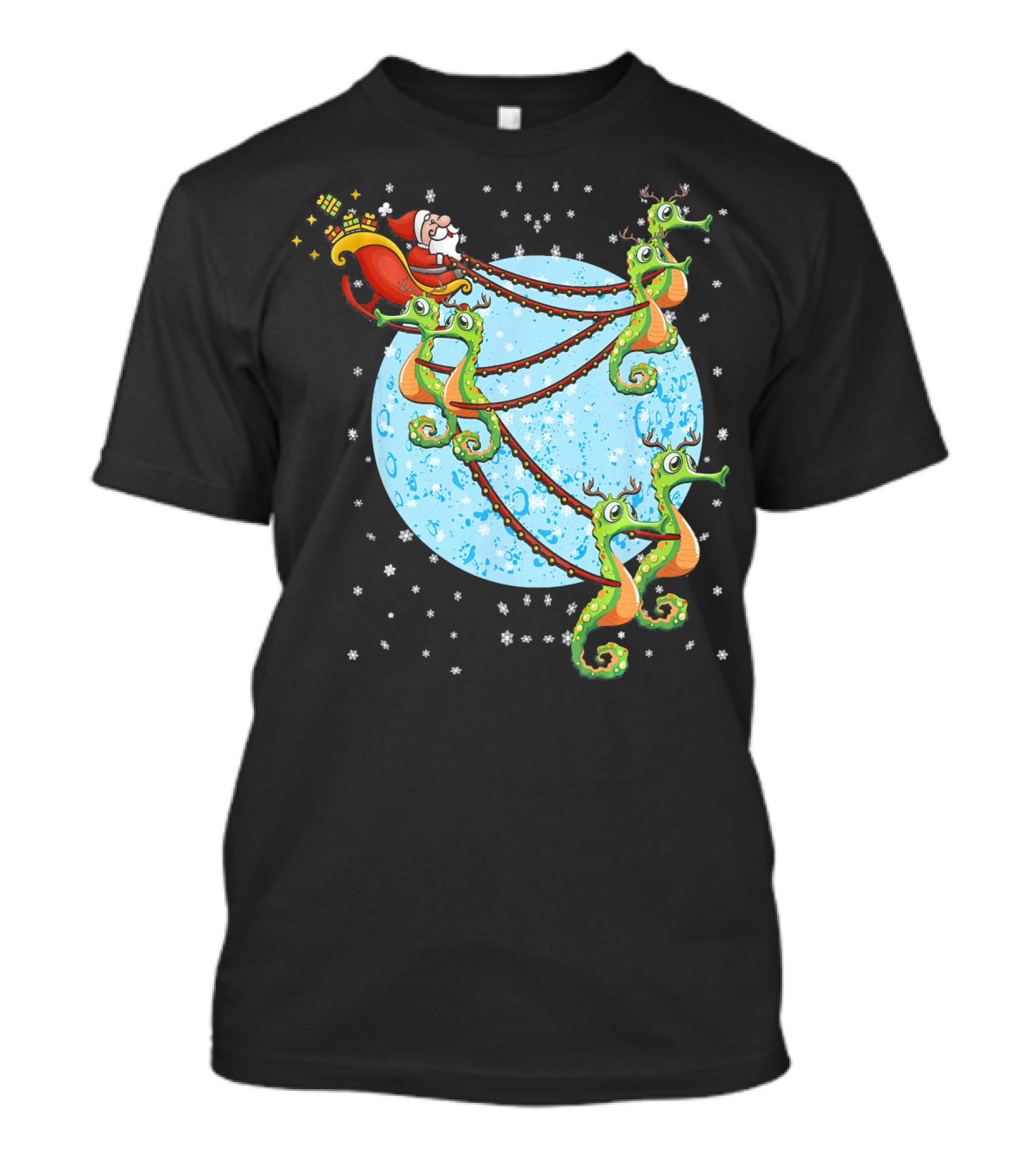 Santa Sleigh Pulled By Seahorse Reindeer With Snowflakes And Moon Background T-Shirt