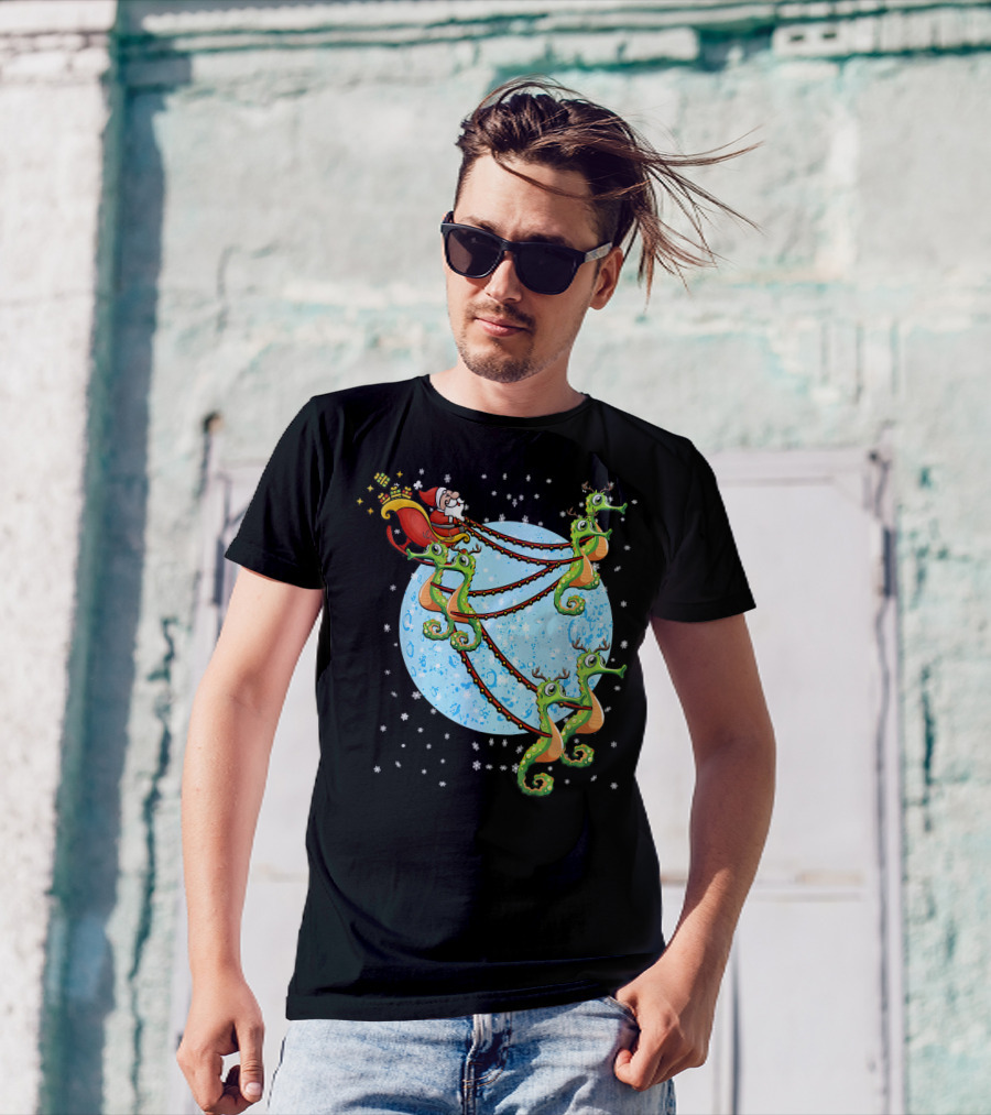 Santa Sleigh Pulled By Seahorse Reindeer With Snowflakes And Moon Background T-Shirt