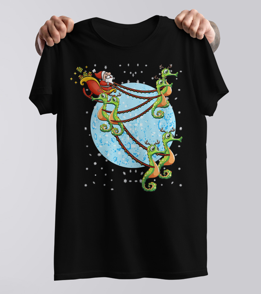 Santa Sleigh Pulled By Seahorse Reindeer With Snowflakes And Moon Background T-Shirt