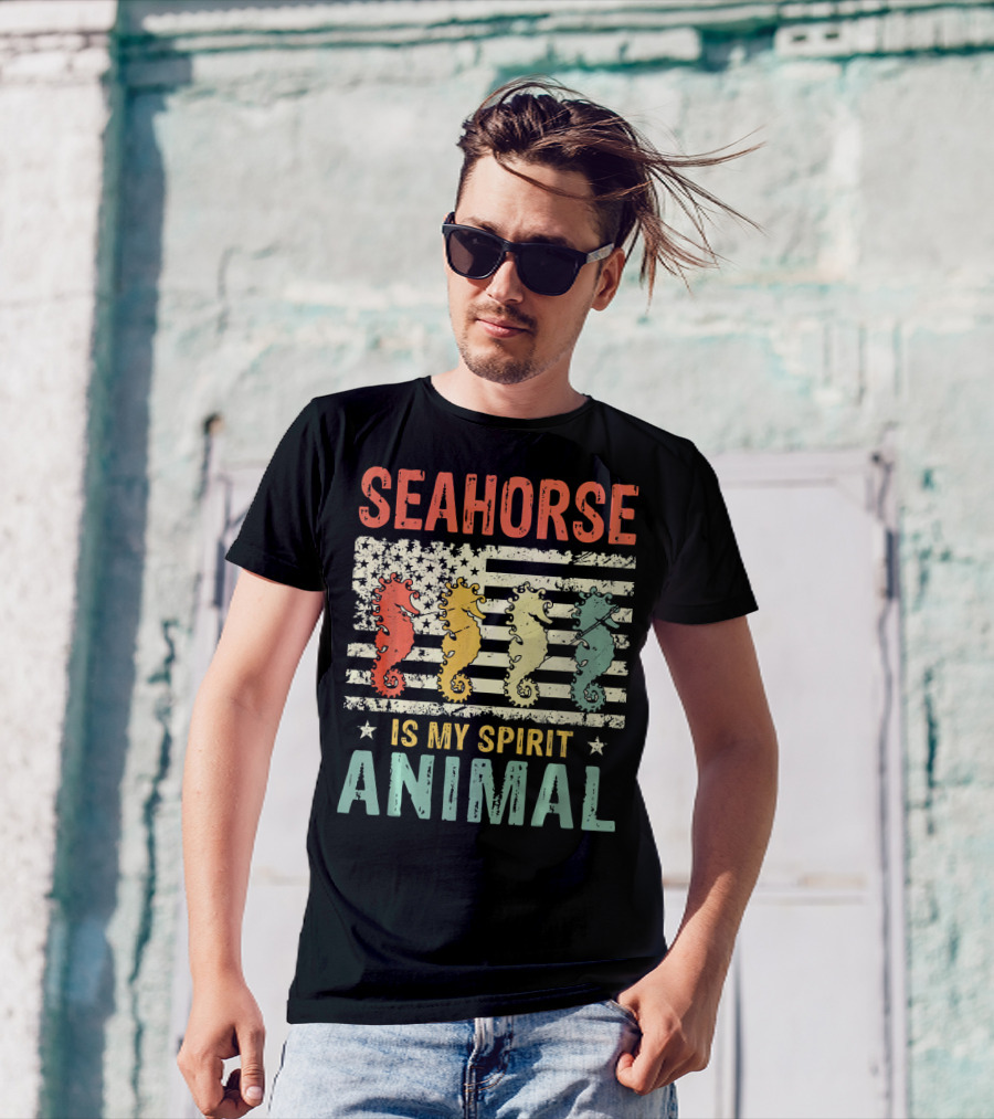 Vintage Seahorse Is My Spirit Animal Flag Retro Colors T-Shirt