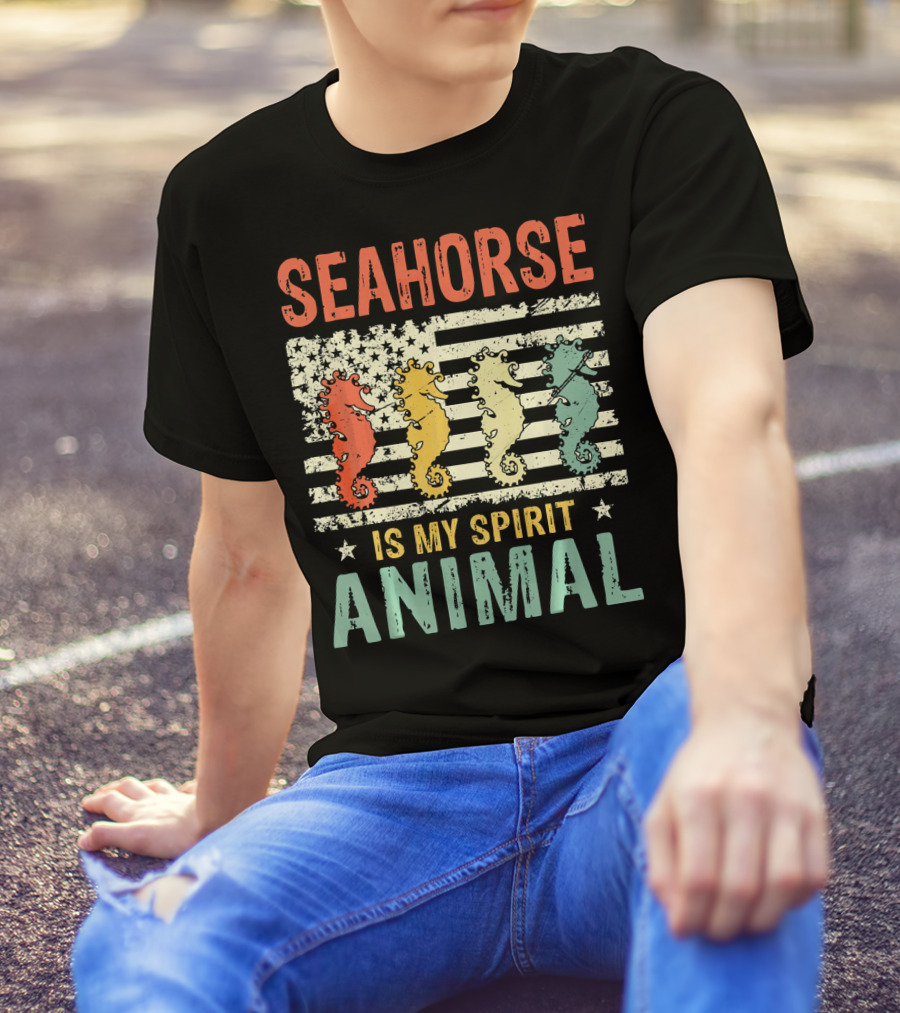 Vintage Seahorse Is My Spirit Animal Flag Retro Colors T-Shirt
