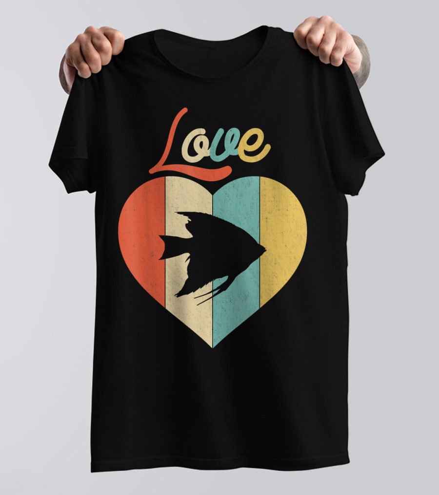 Love Heart With Angelfish Vintage Retro Stripes T-Shirt