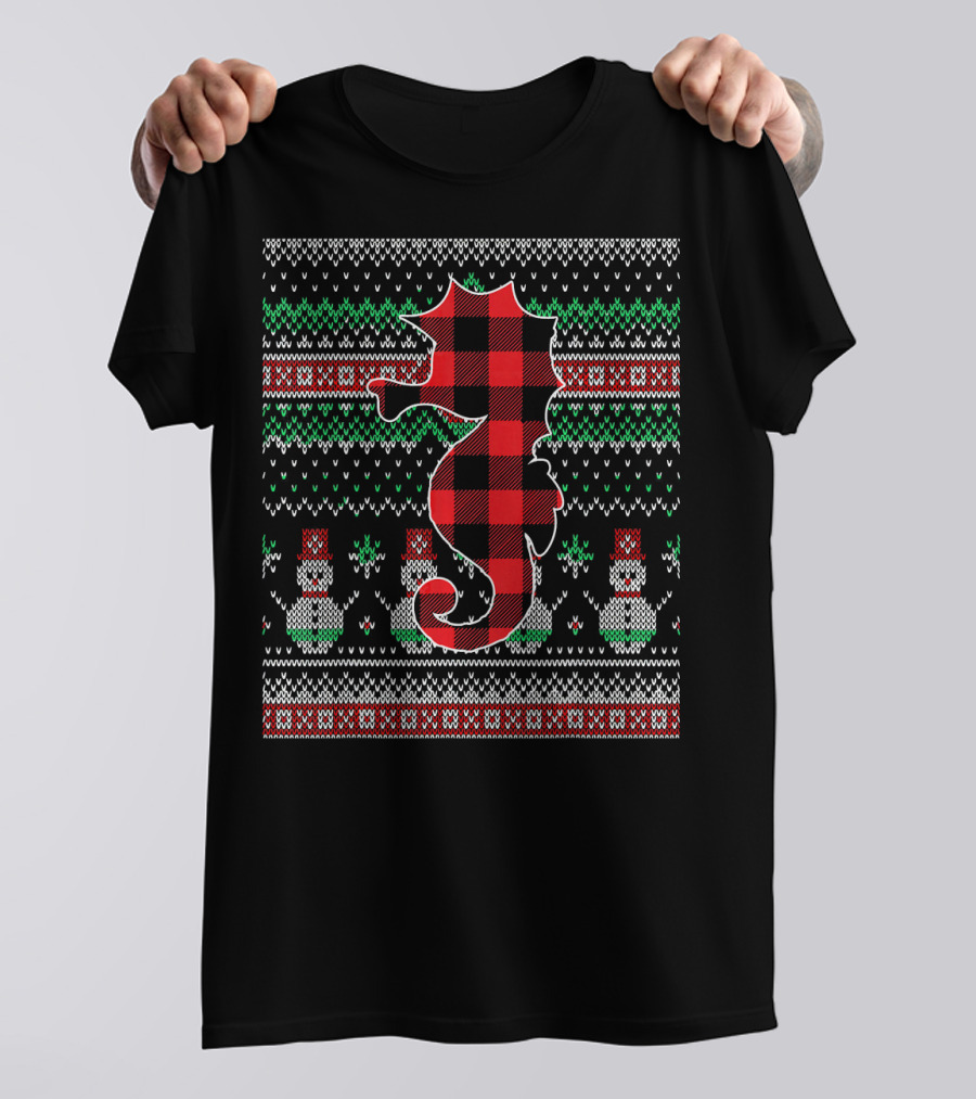 Seahorse Red Plaid Christmas Snowman Pattern Funny Match T-Shirt