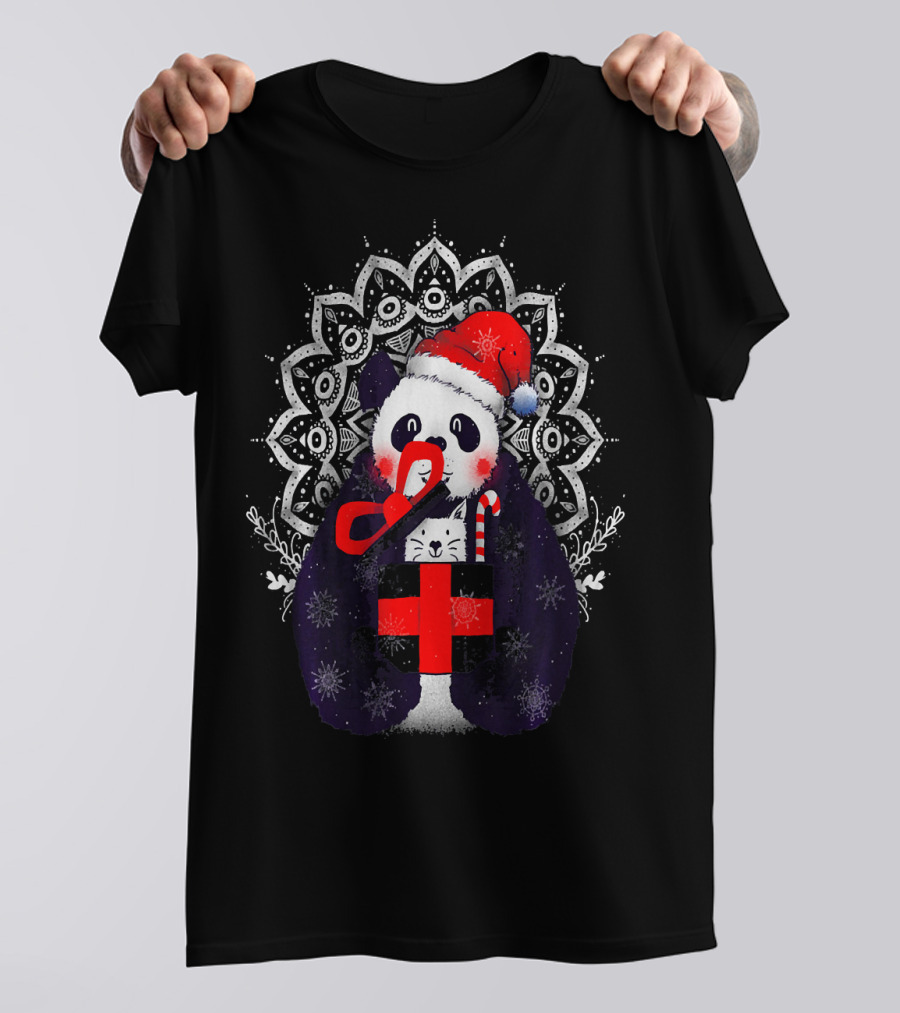 Xmas Panda Santa Hat Mandala Snowflakes Gift Box T-Shirt