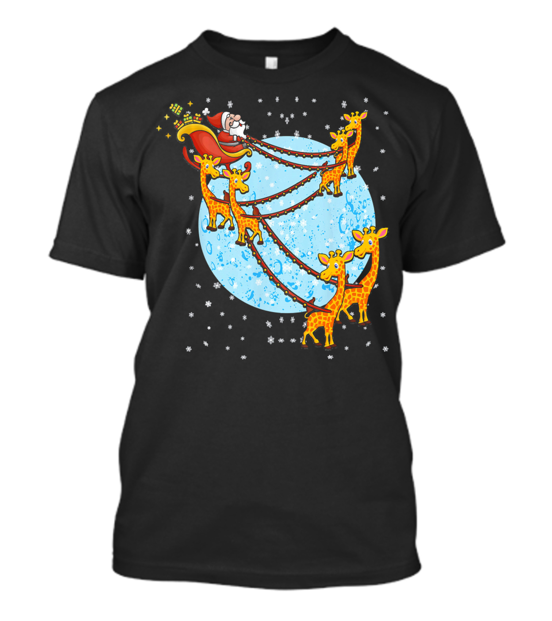 Santa Riding Giraffe Drawn Sleigh Over Snowy Moon T-Shirt
