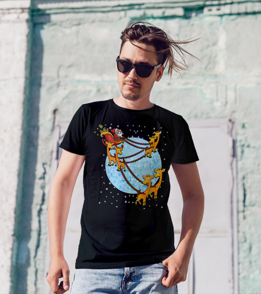 Santa Riding Giraffe Drawn Sleigh Over Snowy Moon T-Shirt